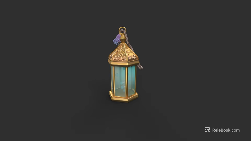 Decorative Golden Lantern with Intricate Carved Patterns Glass Panels and Hanging Tassel 3d model 
