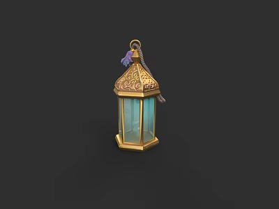 Decorative Golden Lantern with Intricate Carved Patterns Glass Panels and Hanging Tassel 3d model