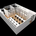 Modern Public Office Space With White Desks Multiple Computers And Glass Partitions