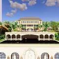 European Style Architecture Complex With Clock Tower And Garden Landscape
