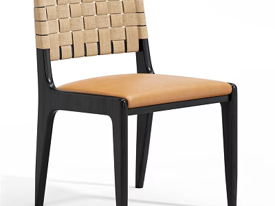 Modern Single Chair With Woven Backrest Black Wooden Frame And Light Brown Leather Seat 3d model