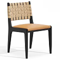 Modern Single Chair With Woven Backrest Black Wooden Frame And Light Brown Leather Seat