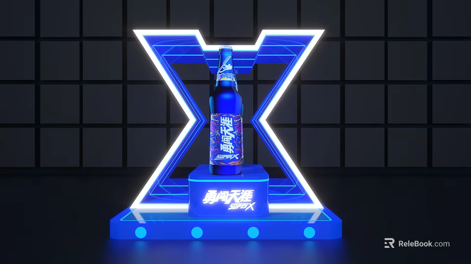 Stylish Beer Bottle Display With Blue Neon X Shape And Illuminated Base 3d model