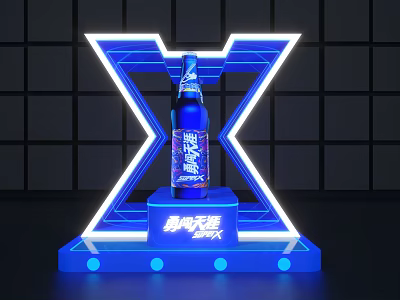 Stylish Beer Bottle Display With Blue Neon X Shape And Illuminated Base 3d model