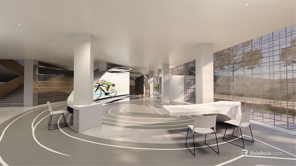 Modern Café Interior With White Columns Circular Floor Design White Bar Counter And Bicycle Mural 3d model 