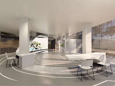 Modern Café Interior With White Columns Circular Floor Design White Bar Counter And Bicycle Mural 3d model