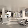 Modern Café Interior With White Columns Circular Floor Design White Bar Counter And Bicycle Mural