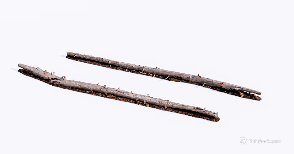 Two Natural Wooden Sticks With Bark And Small Branches On White Background 3d model 