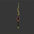 Curved Golden Blade Weapon With Red Handle And Intricate Golden Decorative Patterns