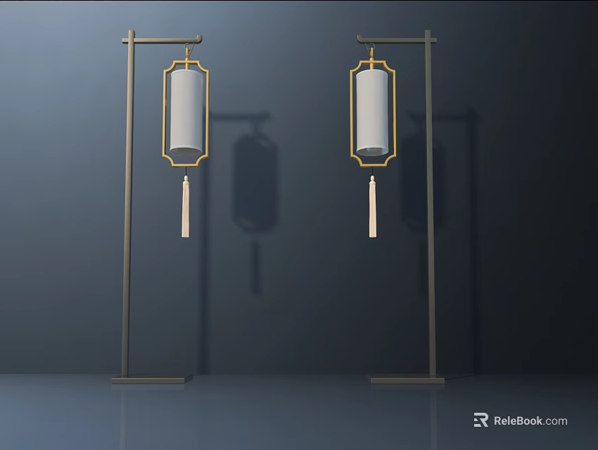 Two Modern Floor Lamps Featuring White Shades Golden Frames And Tassel Details 3d model 