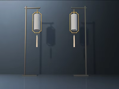 Two Modern Floor Lamps Featuring White Shades Golden Frames And Tassel Details 3d model