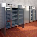 Modern Canteen Interior With Stainless Steel Storage Cabinets White Brick Walls And Red Tiled Floor