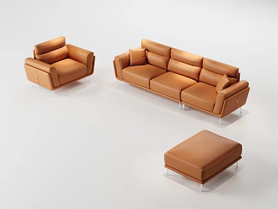 Brown Leather Sofa Set with Armchair Three Seater Sofa and Ottoman Modern Design Metal Legs 3d model