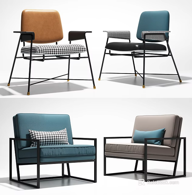 Modern Accent Chairs With Black Frame Checkered And Solid Color Cushions 3d model