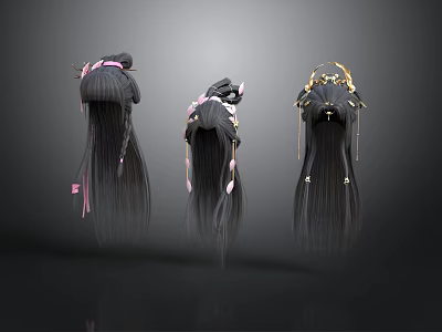 Stylish Decorative Hair Accessories With Black Long Hair And Pink Gold Ornaments 3d model