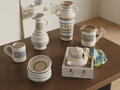 Elegant Ceramic Vases With White Blue Stripes And Flowers On Wooden Tabletop For Home Decor 3d model