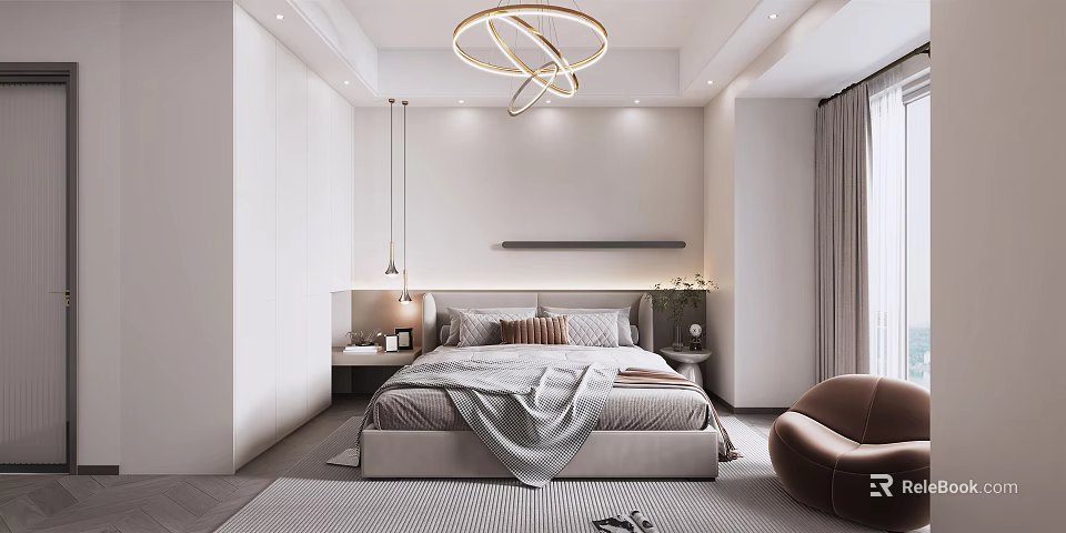 Minimalist Modern Bedroom Interior With Bed Nightstands Chandelier Rug Chair And Curtains 3d model 