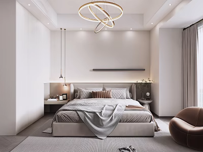 Minimalist Modern Bedroom Interior With Bed Nightstands Chandelier Rug Chair And Curtains 3d model