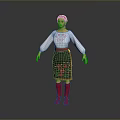 Woman in Traditional Costume Red Headscarf White Embroidered Blouse Black Floral Skirt Red Boots