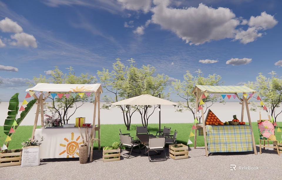 Outdoor Market Stalls With Colorful Bunting Umbrella Tables Chairs Trees And Grass 3d model 