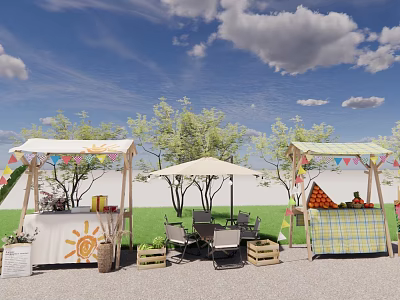 Outdoor Market Stalls With Colorful Bunting Umbrella Tables Chairs Trees And Grass 3d model