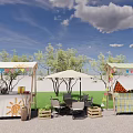 Outdoor Market Stalls With Colorful Bunting Umbrella Tables Chairs Trees And Grass