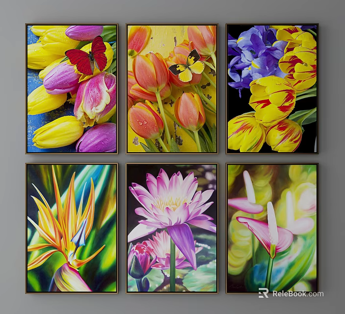 Vibrant Botanical Paintings Featuring Tulips Irises Lotus And Bird Of Paradise On Canvas Wall 3d model 