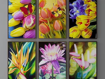Vibrant Botanical Paintings Featuring Tulips Irises Lotus And Bird Of Paradise On Canvas Wall 3d model