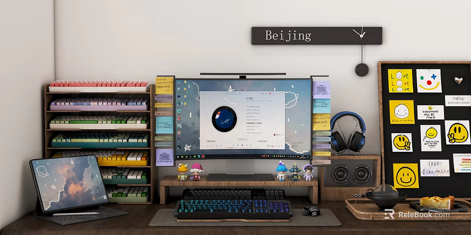Organized Computer Workspace With Monitor Keyboard Headphones Colorful Shelves And Beijing Clock 3d model 