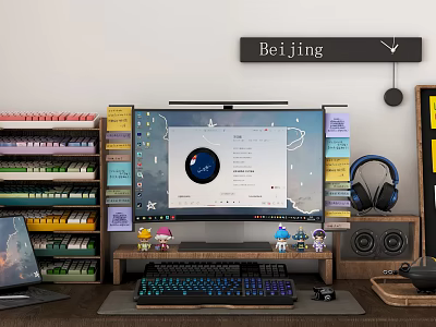 Organized Computer Workspace With Monitor Keyboard Headphones Colorful Shelves And Beijing Clock 3d model