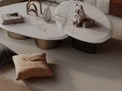 Modern Sofa and Coffee Table Set With Marble Top Metal Base and Decorative Pillows on Rug 3d model