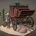 Cartoon Scenic Vintage Stagecoach With Cowboy Figure Cactus Plant And Desert Rock Sand