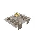 Elegant Tableware Set on Dining Table Gray Linen Runner Plates Napkins Wine Glasses Floral Decor
