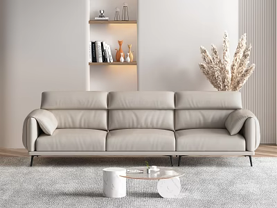 Modern Beige Leather Sofa And Coffee Table Set With Minimalist White Base And Soft Carpet 3d model