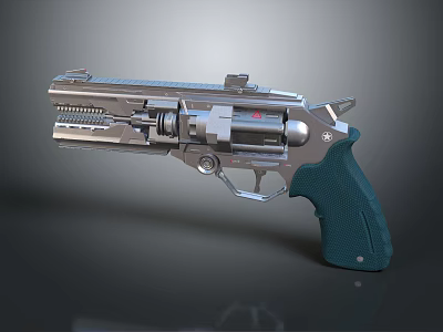 Futuristic Sci Fi Revolver with Metallic Body Mechanical Parts Green Textured Grip and Red Emblem 3d model