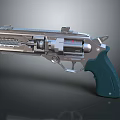 Futuristic Sci Fi Revolver with Metallic Body Mechanical Parts Green Textured Grip and Red Emblem