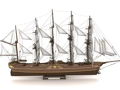 Wooden Sailboat Model Decoration With Multiple Masts White Sails And Display Base 3d model