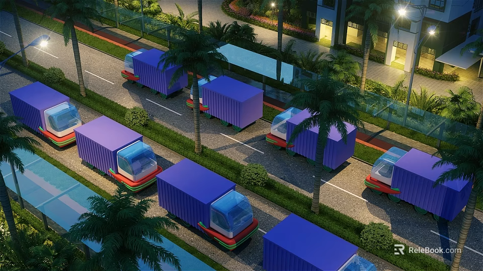 Scenic Night Street View With Palm Trees Blue Container Trucks And Buildings 3d model 