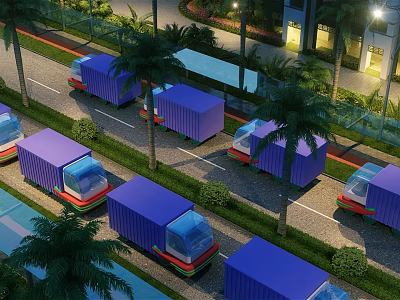 Scenic Night Street View With Palm Trees Blue Container Trucks And Buildings 3d model