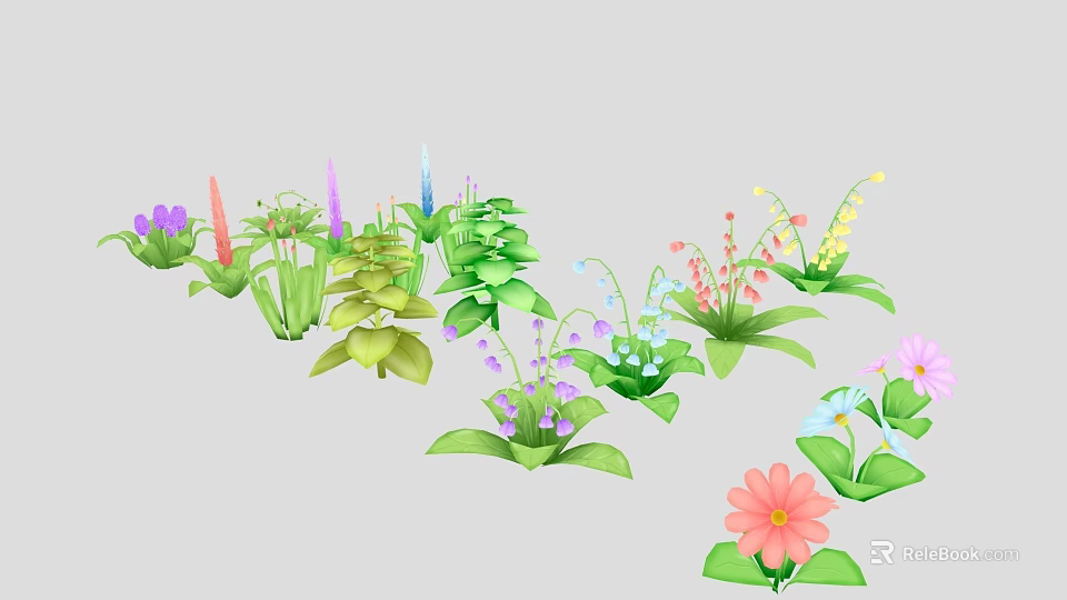 Colorful Plants Collection With Various Shapes And Different Colored Flowers In Illustration Style 3d model 