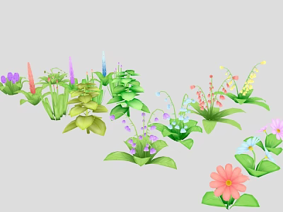 Colorful Plants Collection With Various Shapes And Different Colored Flowers In Illustration Style 3d model