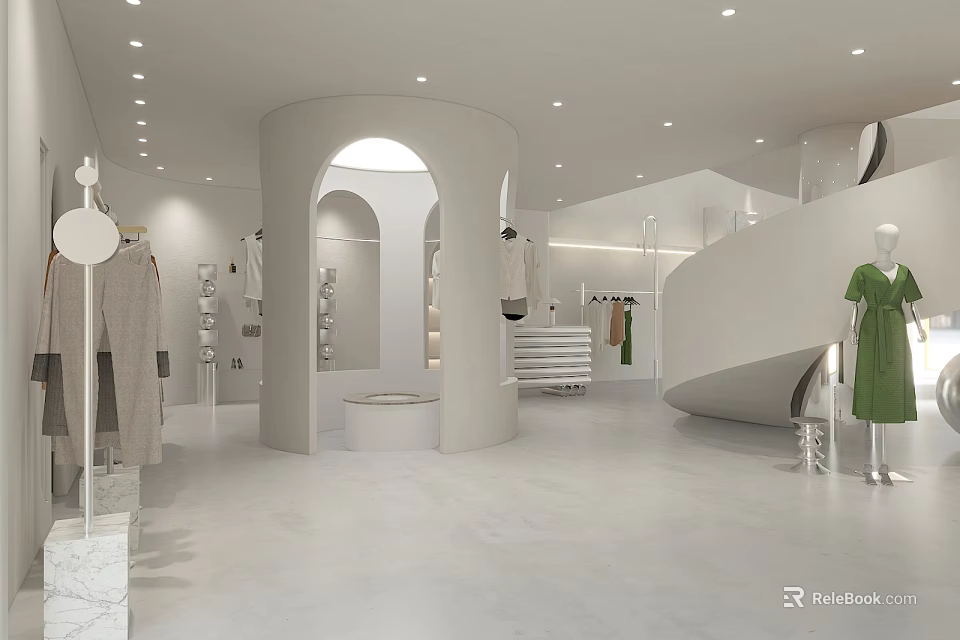 Modern Clothing Store Interior With White Design Curved Arches Mannequins And Clothes 3d model 