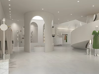 Modern Clothing Store Interior With White Design Curved Arches Mannequins And Clothes 3d model