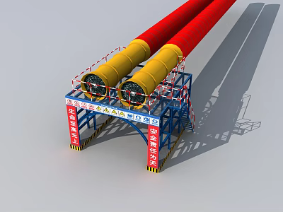 Industrial Equipment With Large Red And Yellow Pipes On Metal Support Frame 3d model