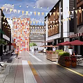 Vibrant Commercial Landscape Pedestrian Street With Storefronts Green Awnings Pedestrians And Colorful Decorations