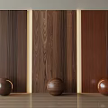 Wooden Wall Paneling Interior With Walnut Texture Recessed Lighting And Decorative Spheres