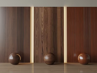 Wooden Wall Paneling Interior With Walnut Texture Recessed Lighting And Decorative Spheres 3d model