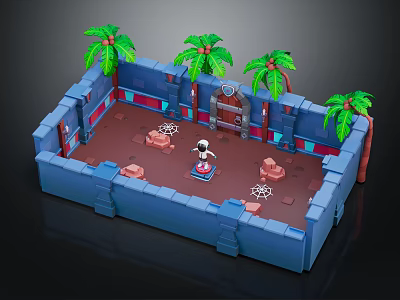Cartoon Adventure Scene With Blue Walls Palm Trees Brown Ground And Character 3d model