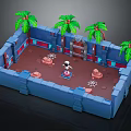 Cartoon Adventure Scene With Blue Walls Palm Trees Brown Ground And Character