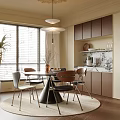 Modern Restaurant Interior With Wooden Cabinets Marble Accent Wall Round Dining Table And Pendant Light